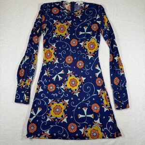Nieves Lavi New York Womens 2 Silk Floral Mod Mini Dress Blue Orange Long Sleeve